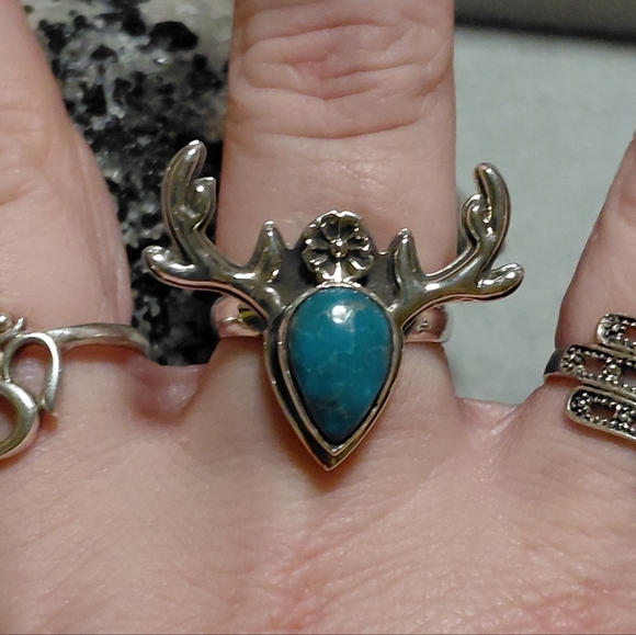 Silver Antler Deer Turquoise Ring Size 7.25 - Picture 10 of 13